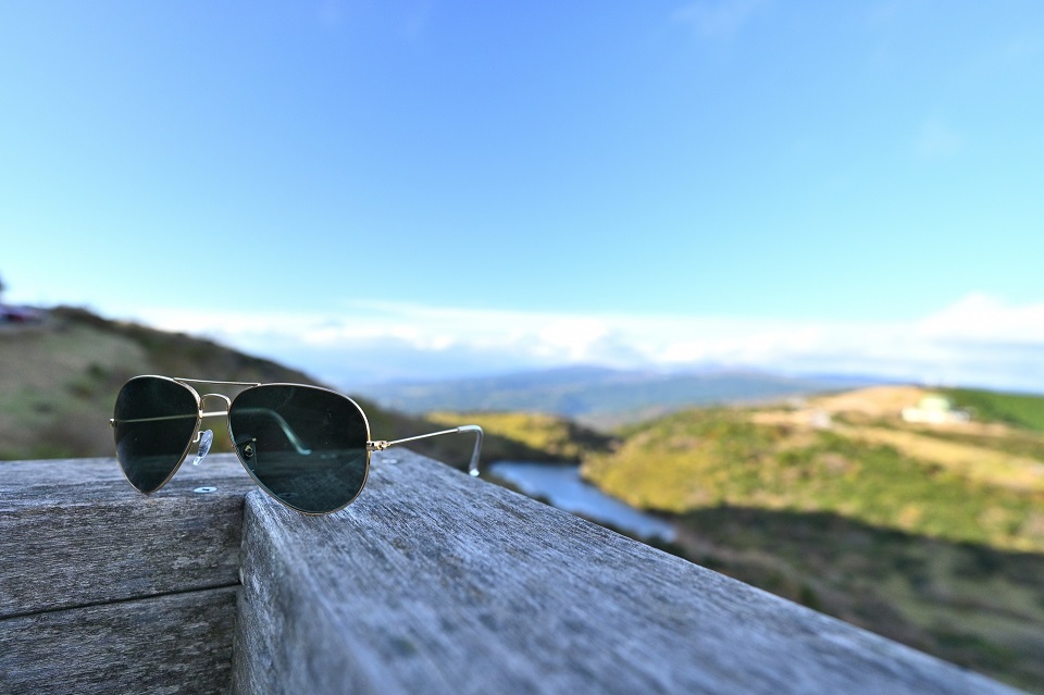 野原を背景にしたマクロン大統領が着用していたデザインに近いサングラスの写真