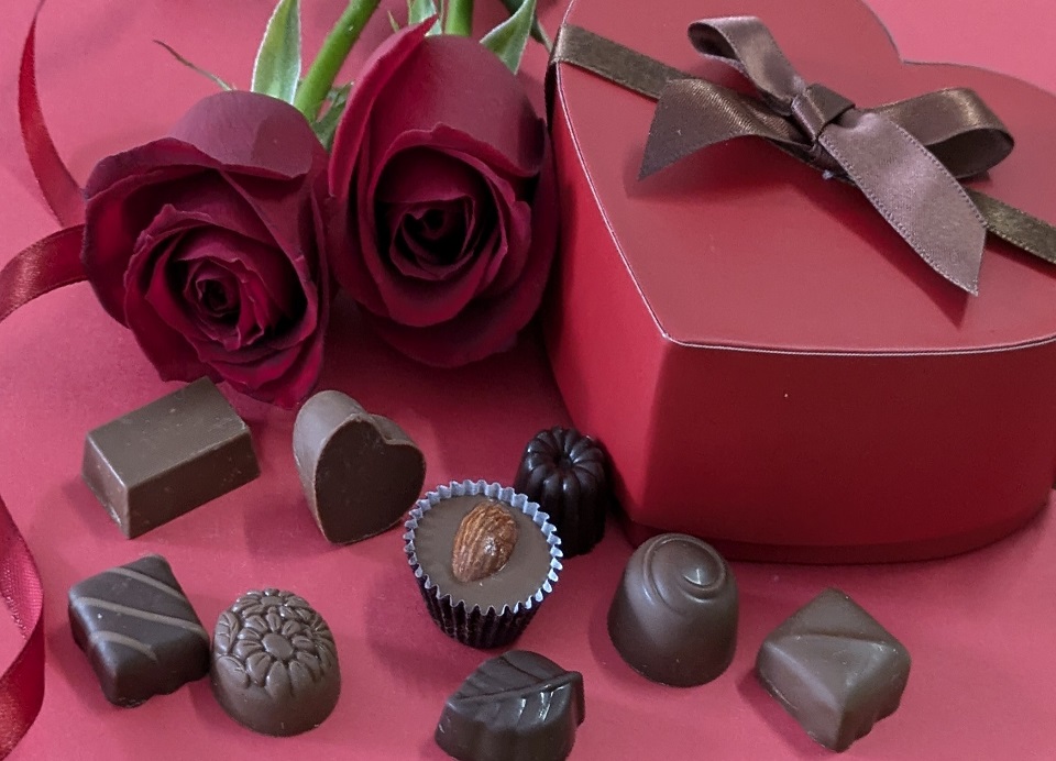 赤いバラとギフトボックス入りチョコレートが並ぶ、アムール・デュ・ショコラの華やかな雰囲気を表すイメージ写真