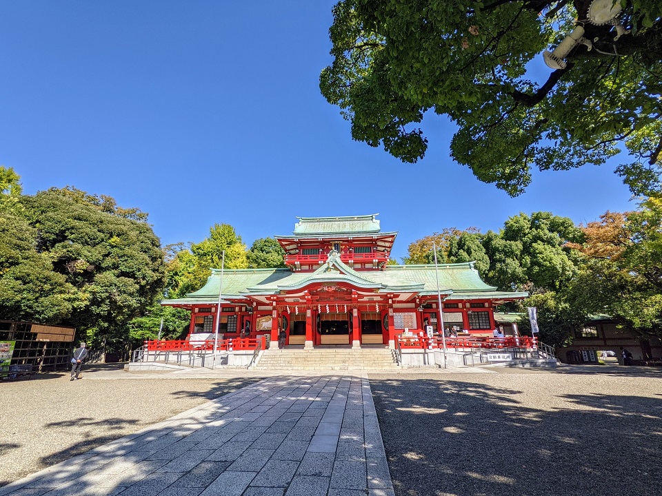 少し離れた場所から撮影した富岡八幡宮本殿の全景写真