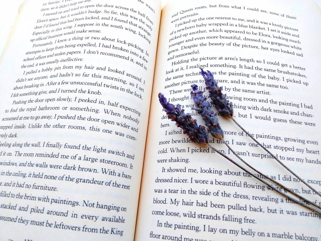 英文の本の上に青い花が置かれた写真