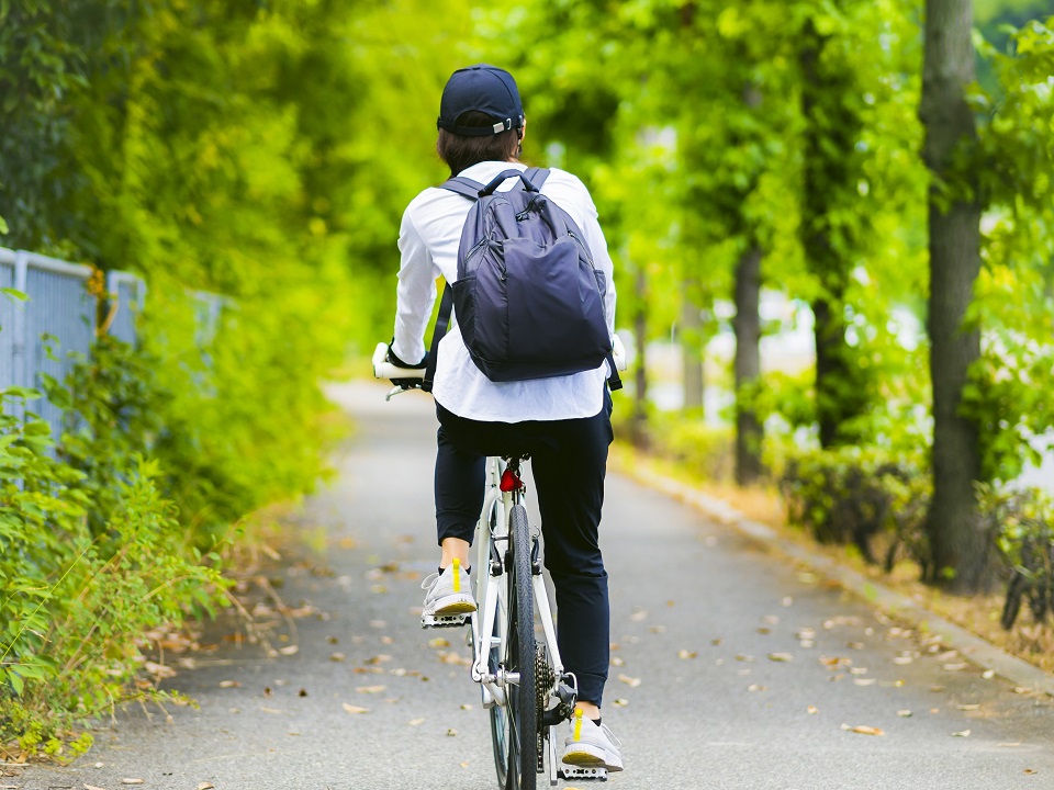 自転車で道路を走行する大人の女性の後ろ姿